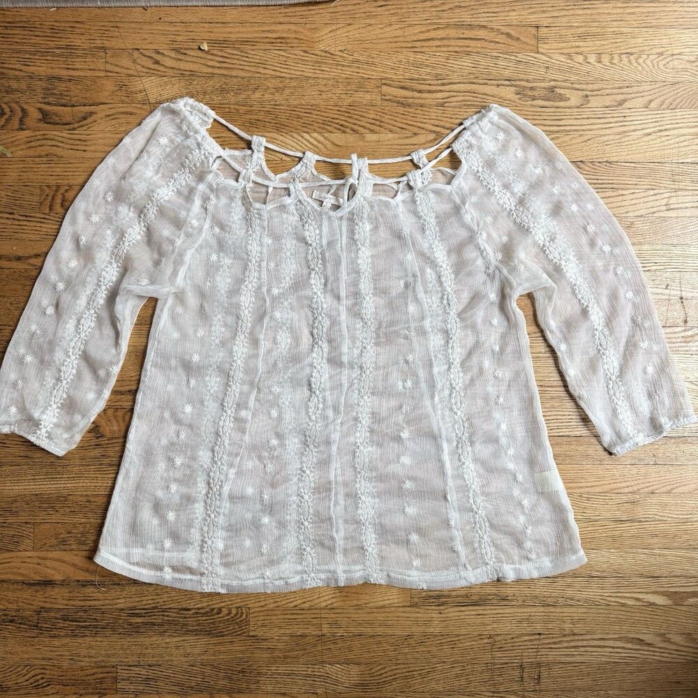 Mystree Sheer Embroidered Top Womens L Whimsy Boho Coquette Festival Cottage